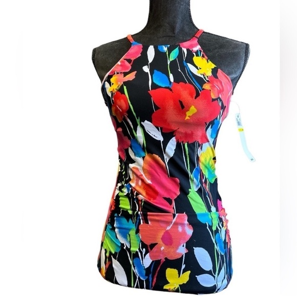 Anne Cole High Neck Tankini Floral Print Ruched Swimsuit Halter Neck Top - Picture 9 of 9